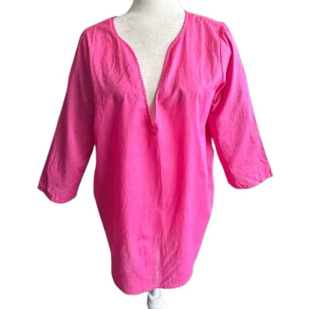 J. Crew Hot Pink V-Neck Tunic Top 100% Cotton Blouse SZ S